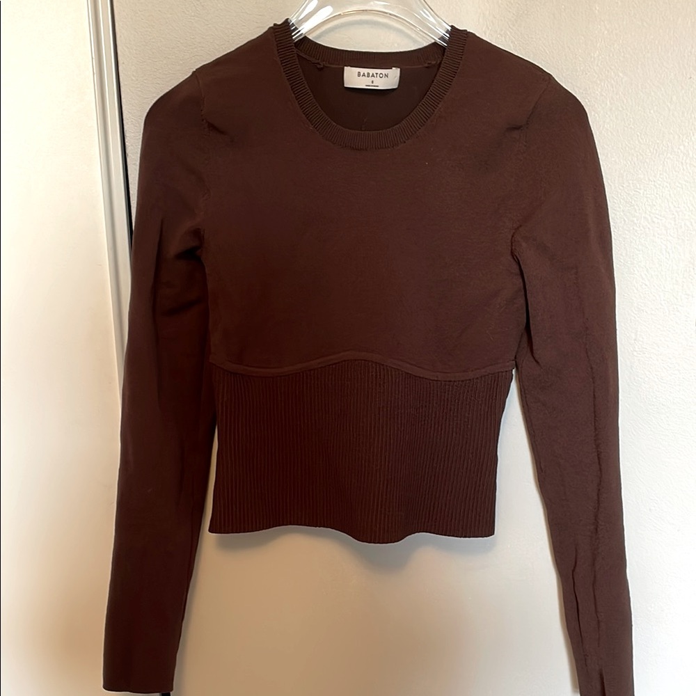 Babaton Brown Ribbed Long Sleeve Knit Top
